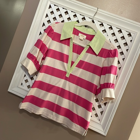 EUC Maeve Anthro puff sleeve pink stripe polo preppy 80s vibe size medium - Picture 5 of 8